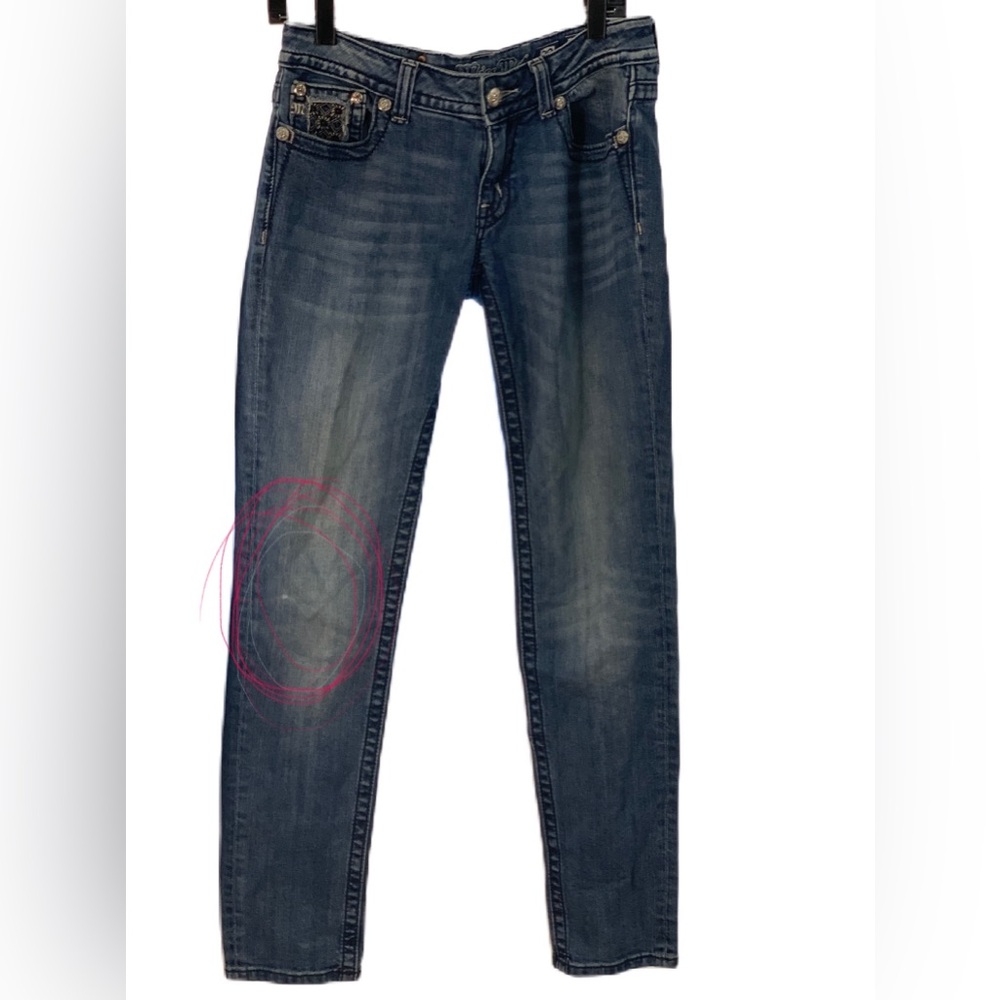 Miss Me 29 Signature Rise Skinny Jeans Blue Embroidered Rhinestone Denim Stretch